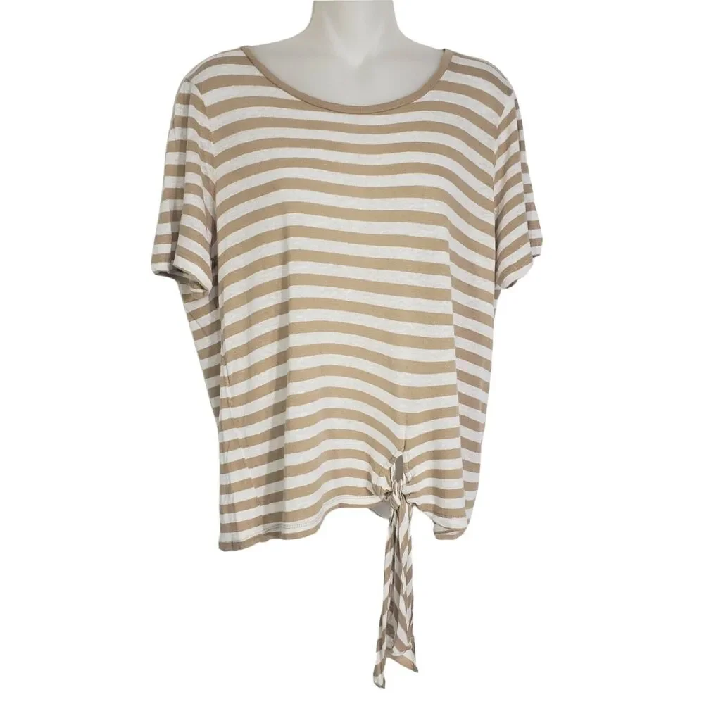 Michael Kors Women's Top Large Striped Linen Blend Beige Front Tie Short Sleeve
